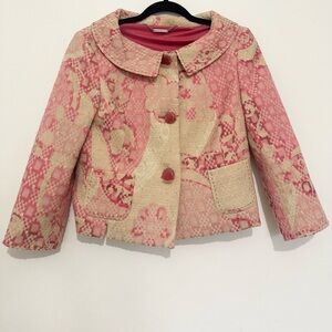 VTG Elie Tahari Retro 60’s Pink Beige Floral Tapestry Wool Crop Sz S Jacket